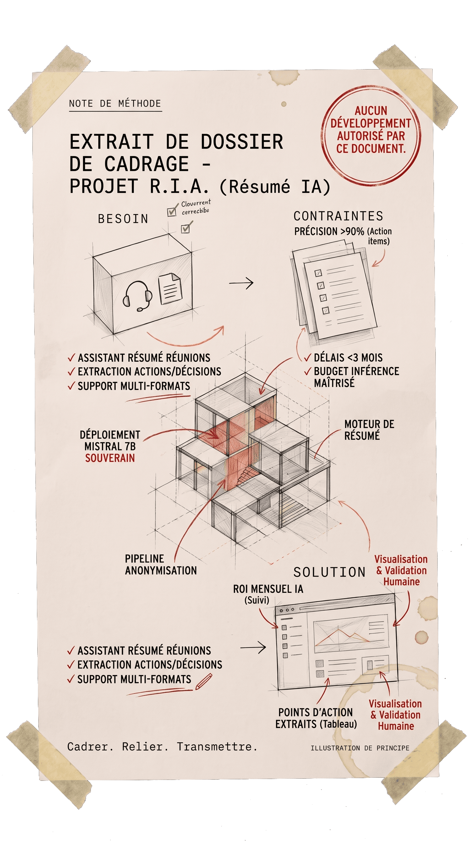 Illustration de principe sur papier scotché : extrait de cadrage du projet R.I.A., reliant besoin, contraintes et solution.